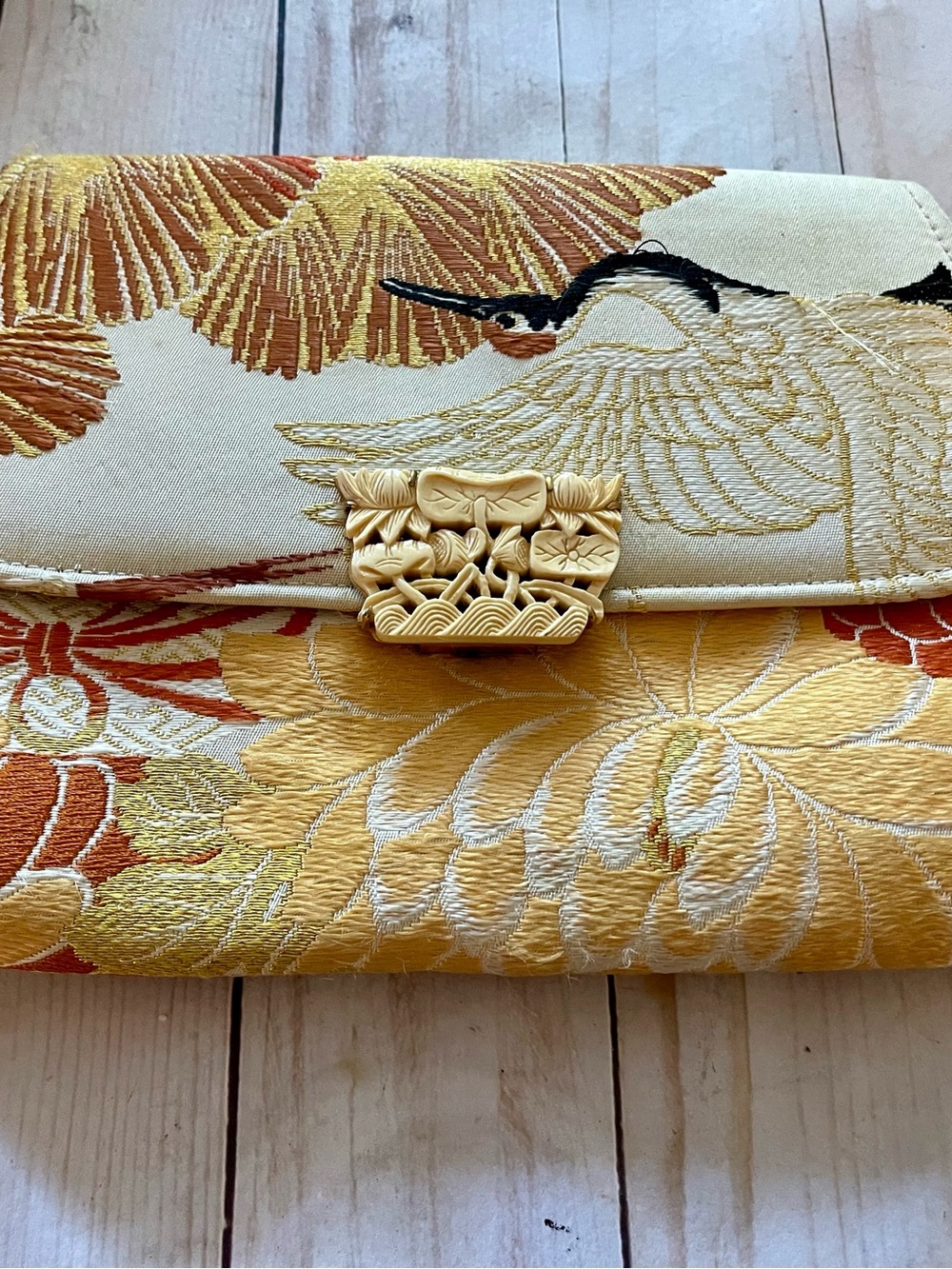 Vintage Japanese Yellow Satin Clutch with Carved Ivory Box Clasp